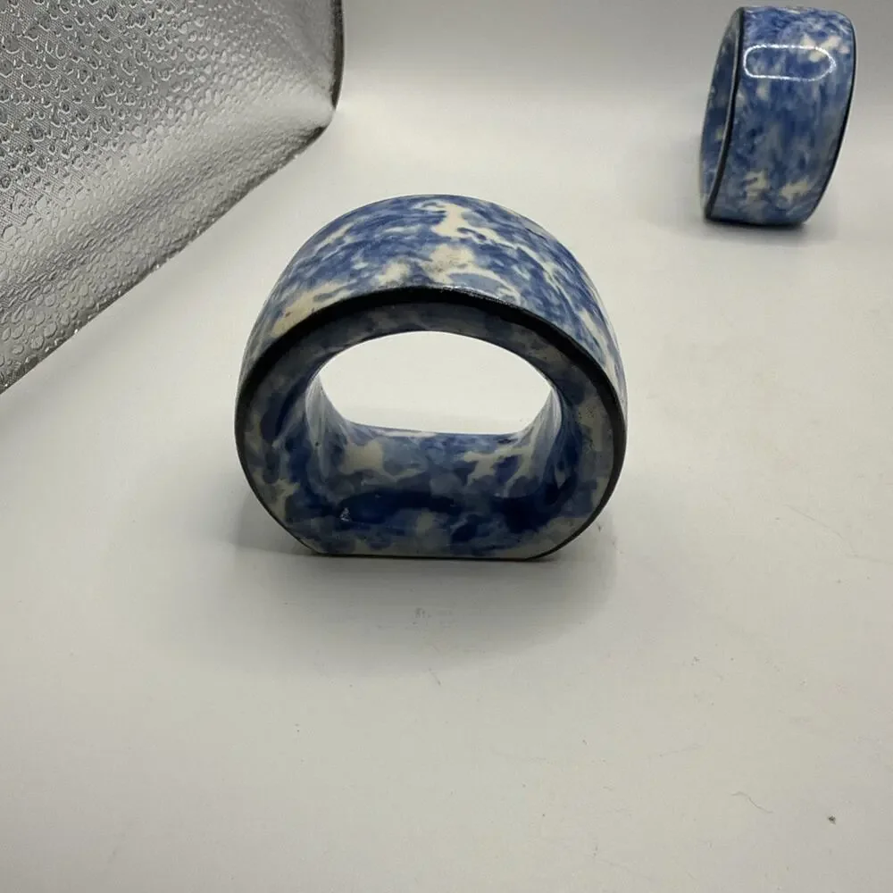 Vintage Knobler Blue Spongeware Ceramic Napkin Rings Set Of 3